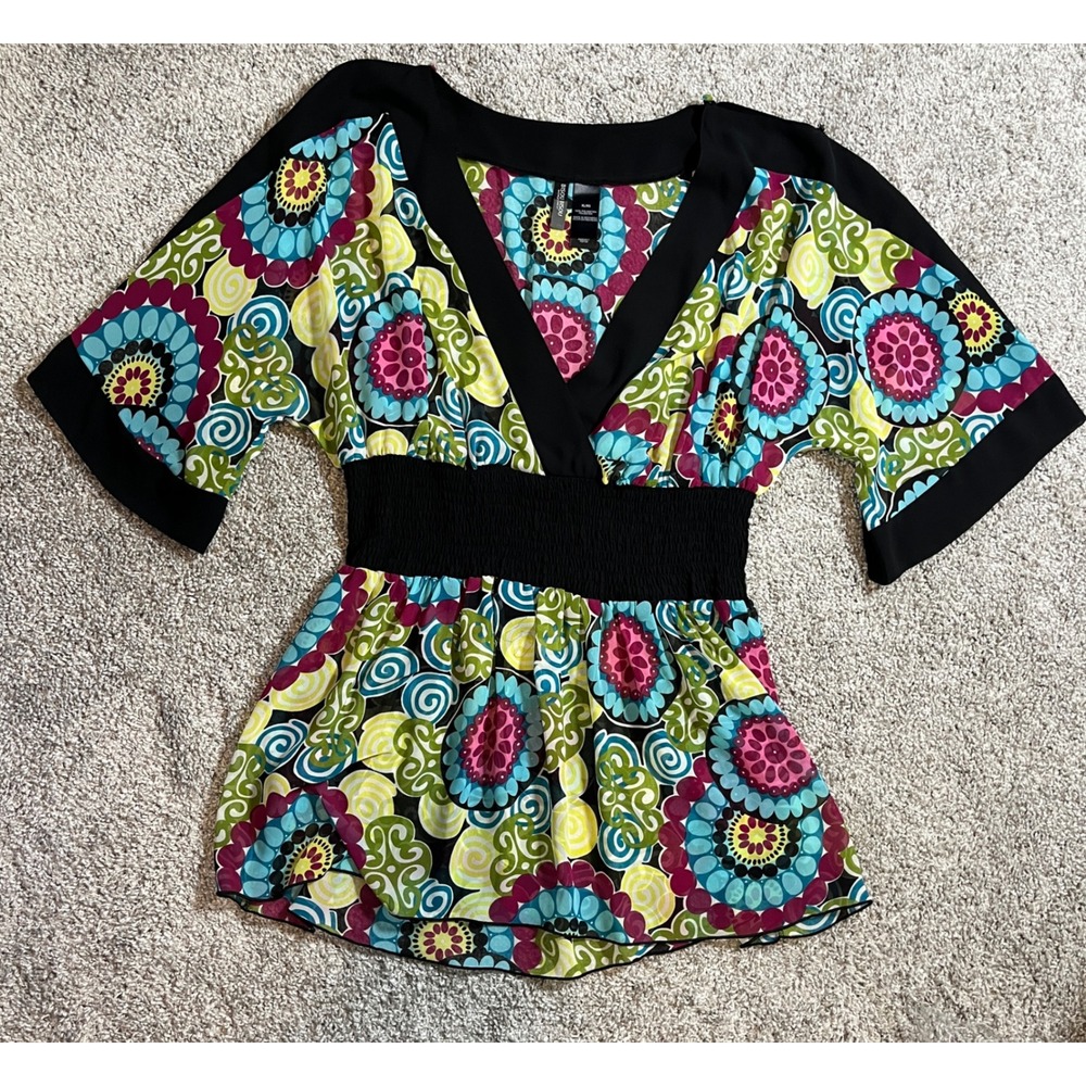 Bisou Bisou Michele Bohbot Floral Smocked Tunic Top XL Multicolor Boho V-Neck